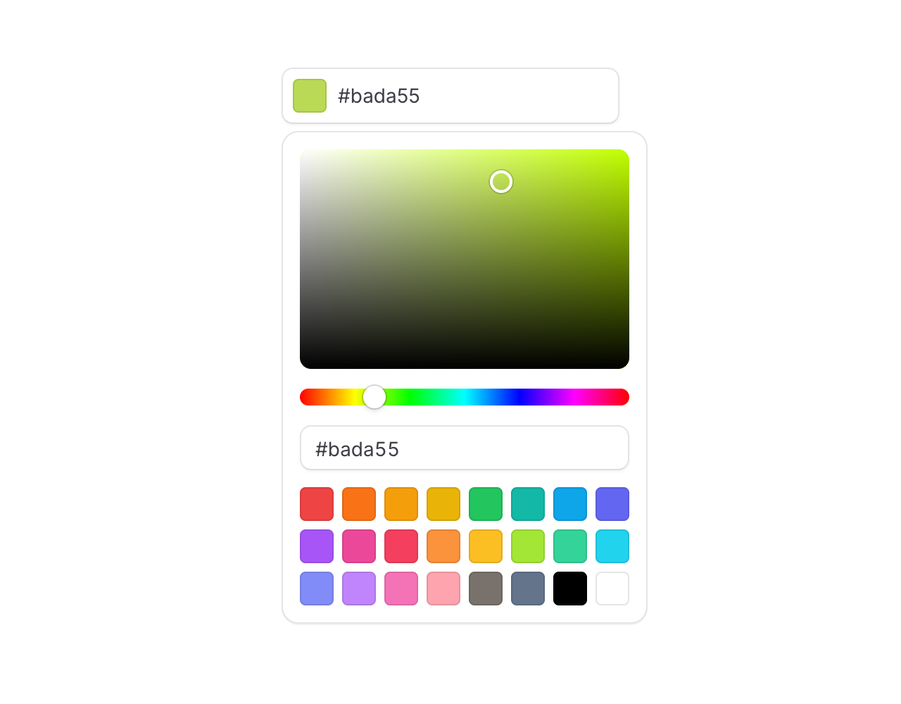 Color picker component showing a swatch palette, saturation/value canvas, hue slider, and hex input