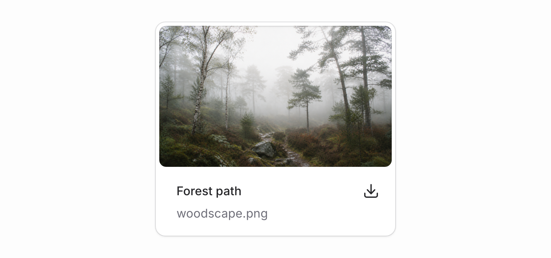 A compact media card with a forest image filling its inset body, above a footer with a filename and download action