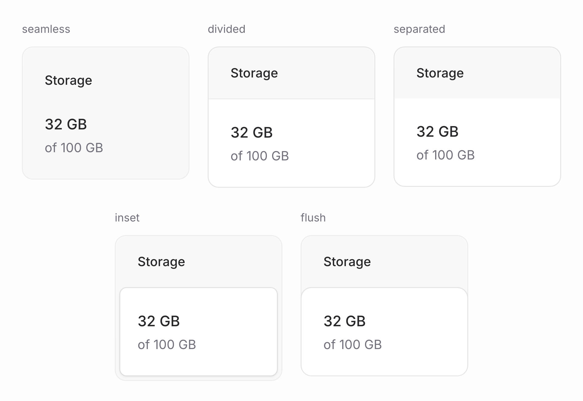 Two rows of soft Storage cards comparing seamless, divided, separated, inset, and flush body treatments
