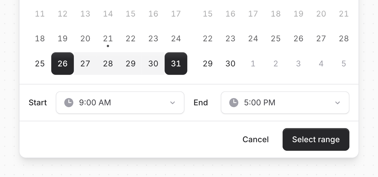 Range mode selecting October 26 through 31 across two months, with a 9:00 AM start time, a 5:00 PM end time, and a Select range button