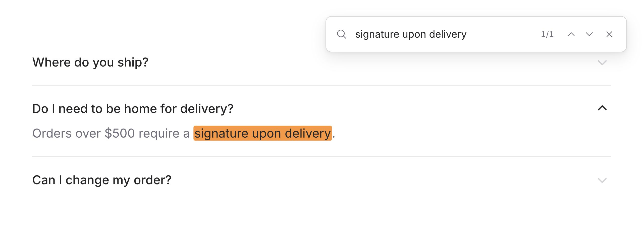A browser find dialog searching for signature upon delivery while the matching accordion item is expanded and highlighted